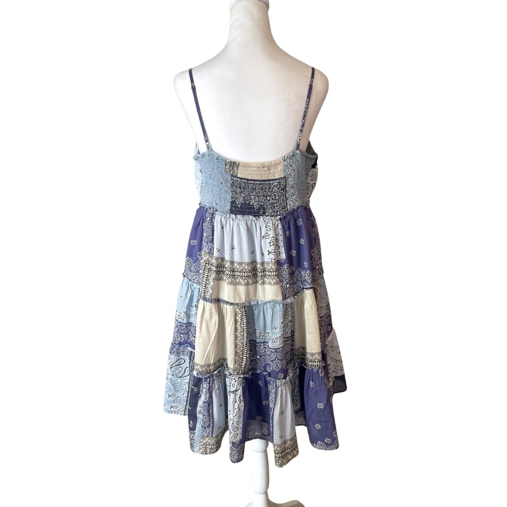 Lucky Brand Babydoll Tiered Dress Sz L Boho Festival Y2K Blue Patchwork Cotton - Picture 10 of 16